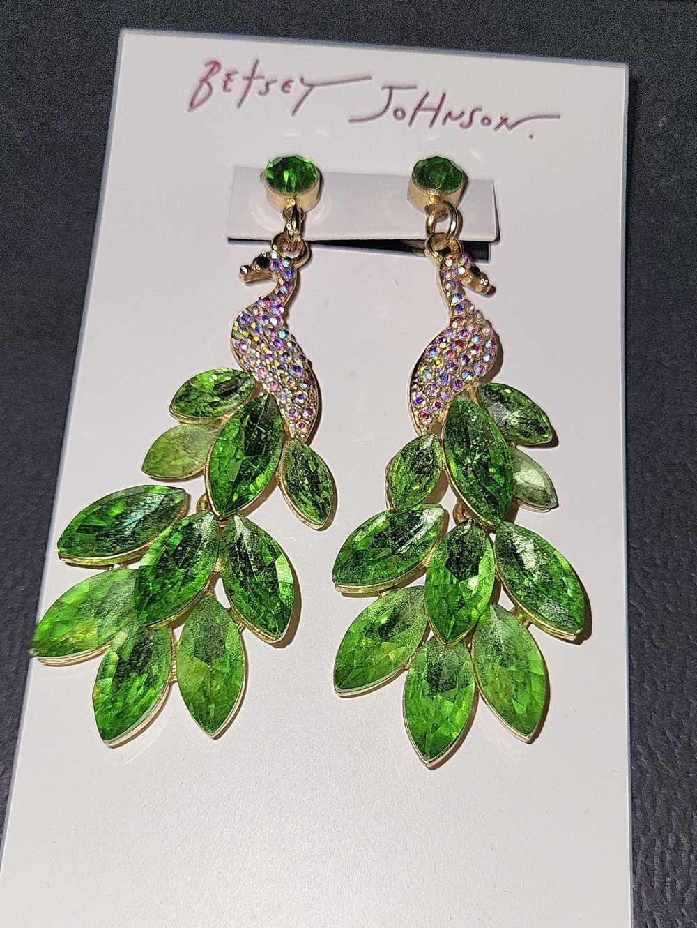 Betsey Johnson Gold Peacock Earrings with Vibrant Green Stones